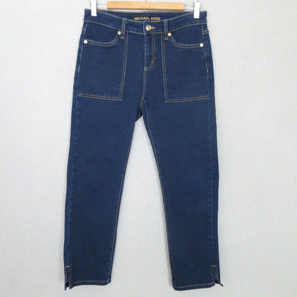 Michael Kors Jeans Womens 4 Dark Blue Ankle Zip Fly Patch Pocket Stretch Gold